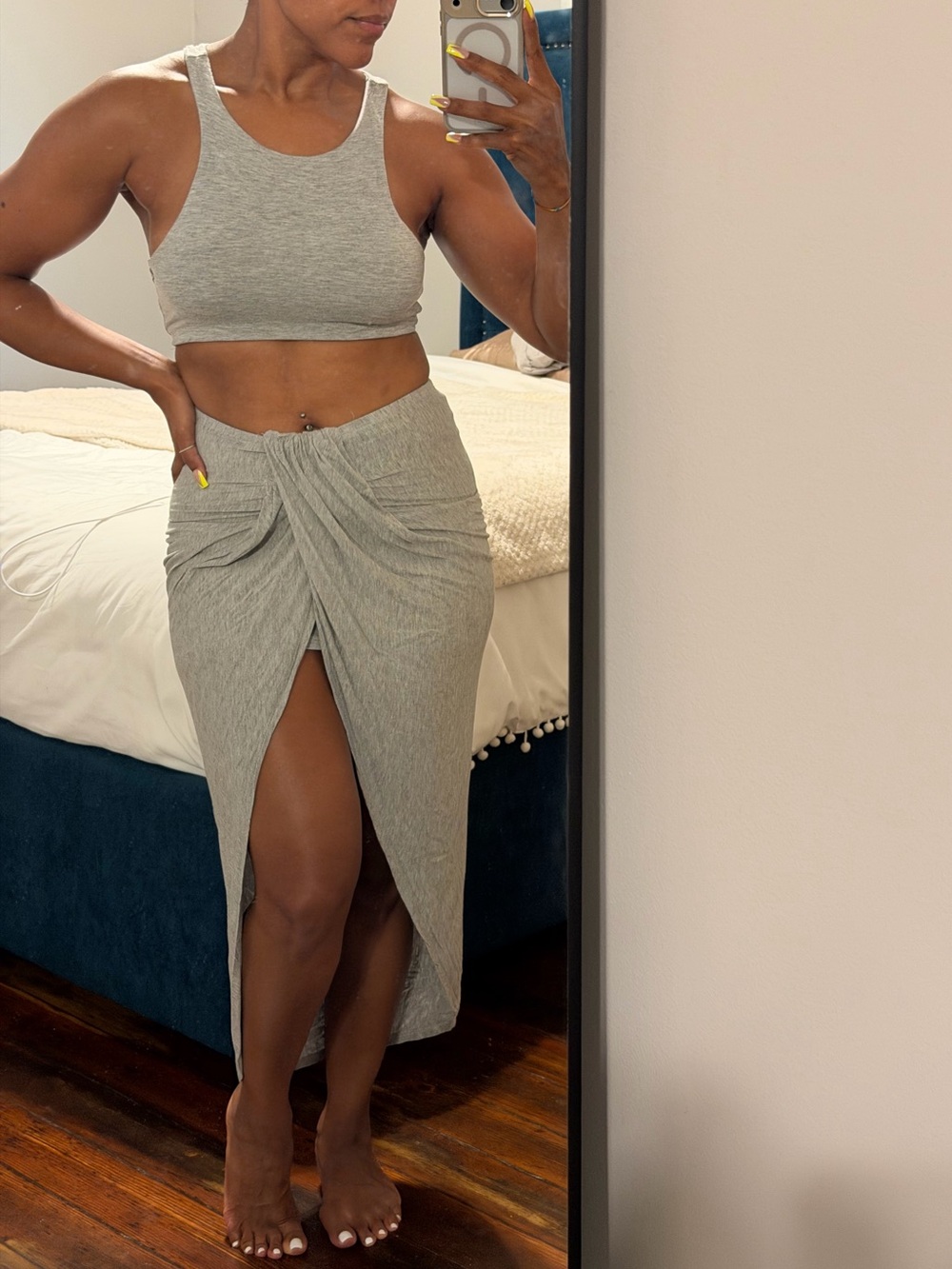 Grey Twist-Front High-Slit Midi Skirt Set